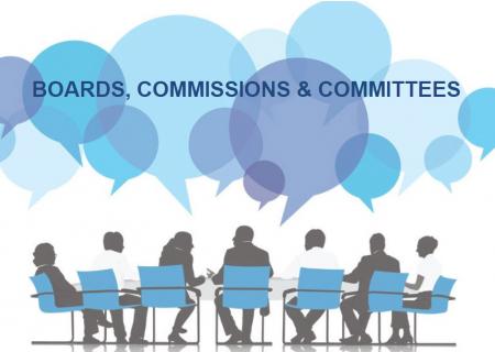 People sitting around conference table with blue thought bubbles above